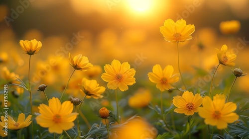 field of blooming yellow flowers on a background sunset