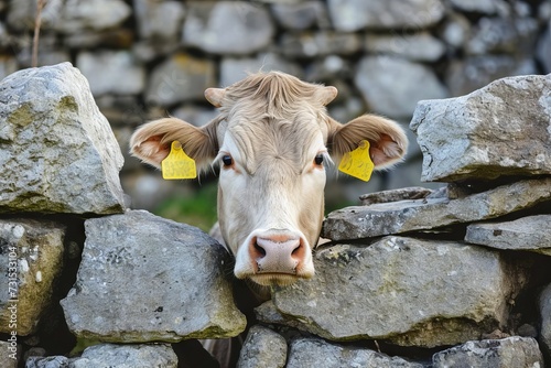 Cow s head with yellow identification tags behind stone wall in Podlasie Poland photo