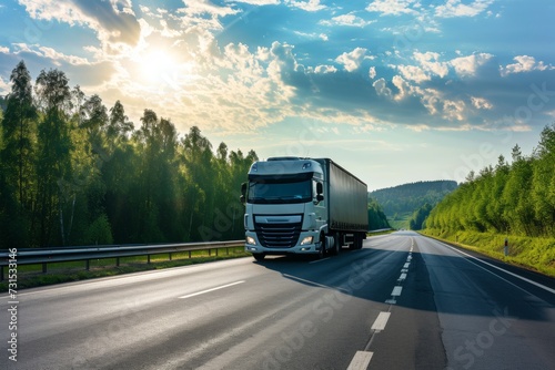 Logistic and freight transport truck moves on sunlit country highway in spring photo