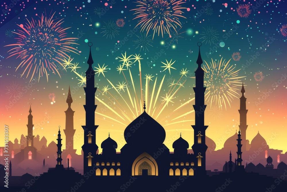 mosque is illuminated, casting a warm glow that contrasts beautifully with the cool, dark sky adorned with fireworks