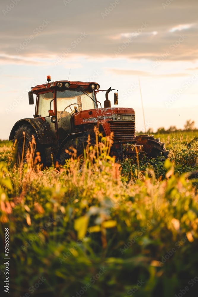 An agricultural tractor in a field
