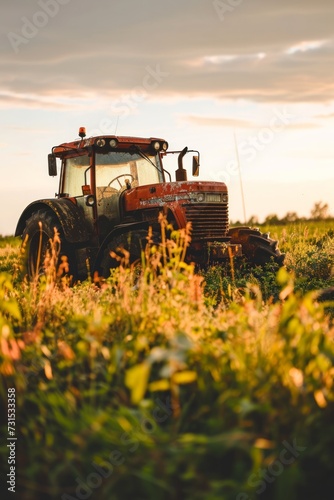 An agricultural tractor in a field