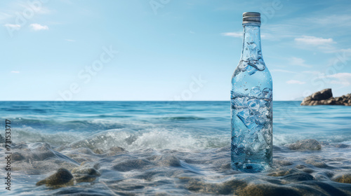 Glass bottles washed up on the beach. Generative AI