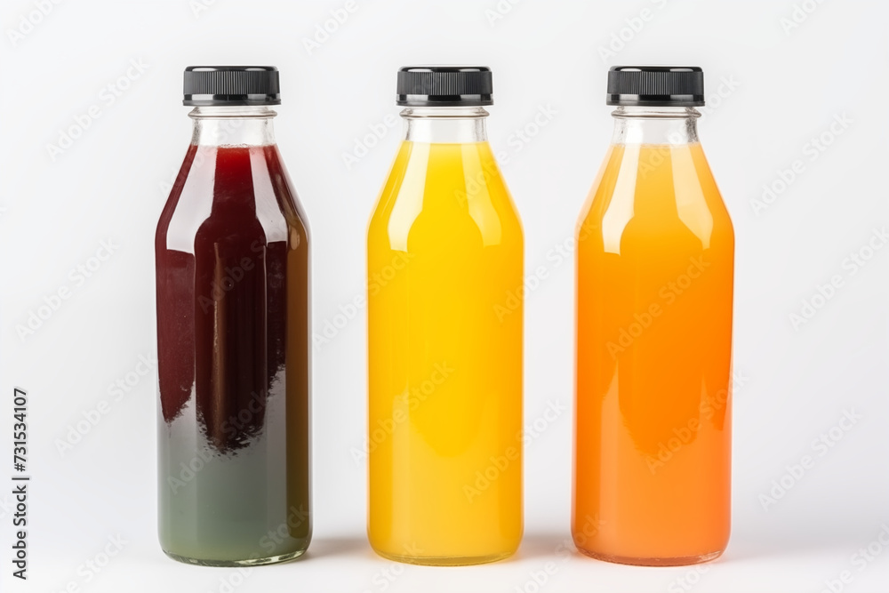 Three bottles of natural vegetable or fruit juices with black caps without labels isolated on a white background.Juice and smoothies from orange, lemon, beets, carrots, banana