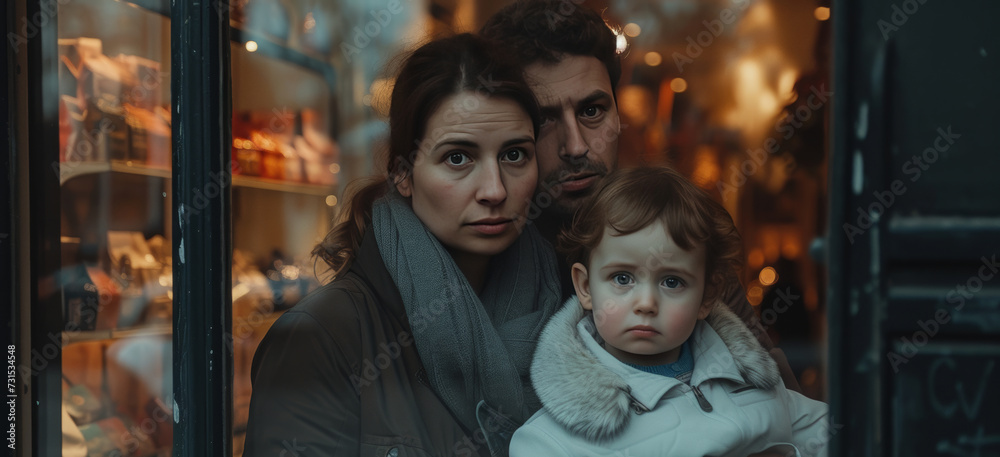 family with no money saving standing in front of a closed storefront