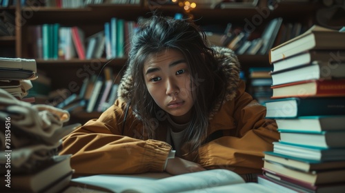 no money for tuition fees woman student surrounded by textbooks with stress face