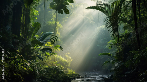 Tranquil Sunbeam in a Green Jungle Landscape. Generative AI