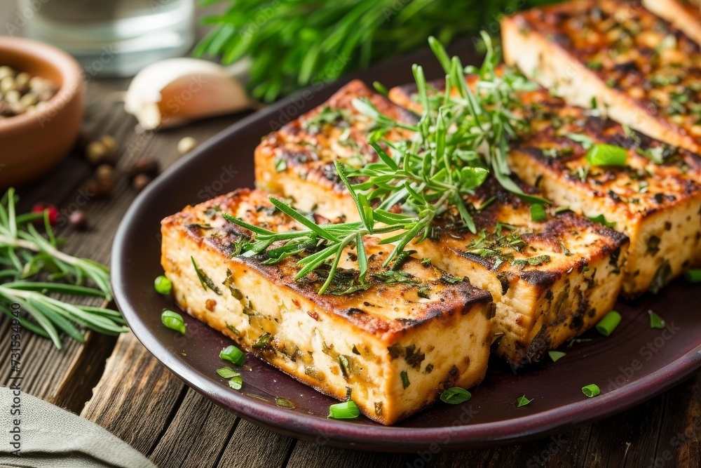 Herbs and spices added to marinated tofu and baked