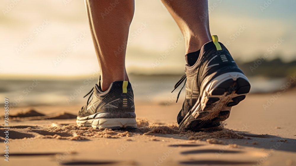 Close up photo from the side of a man's feet running on the beach wearing sports shoes. Generative AI - obrazy, fototapety, plakaty 