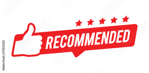 Recommended banner red color with thumbs up and stars.  For icon, logo, sign, seal, symbol, stamp, sticker. Vector illustration