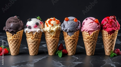 Multicolored Berry Ice Cream Cone: a Delicious Frozen Treat. Generative AI © TOTO