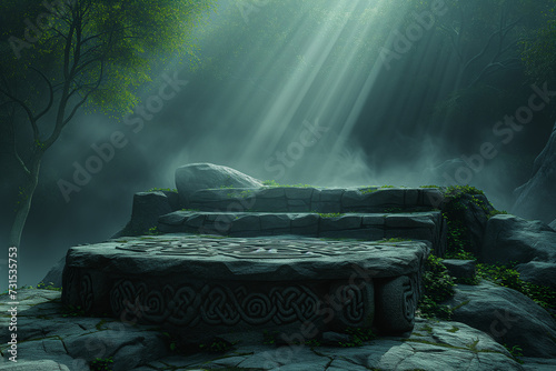 Ancient Celtic stone podium stands solemnly in a mystical forest, illuminated by divine rays of sunlight piercing through the canopy. 3d empty product display podium designed for presentations. photo
