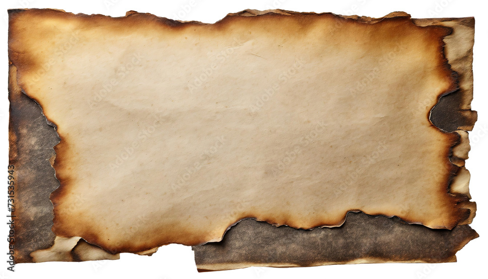 Brown paper sheet with burnt edges, with copy space, isolated on transparent background. 