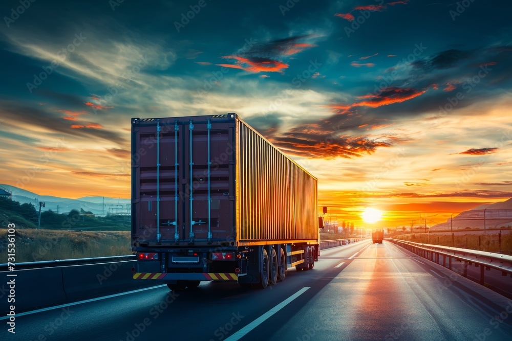 Truck carrying container on road cargo transport concept Efficient Truck carrying container on road cargo transport concept Efficient