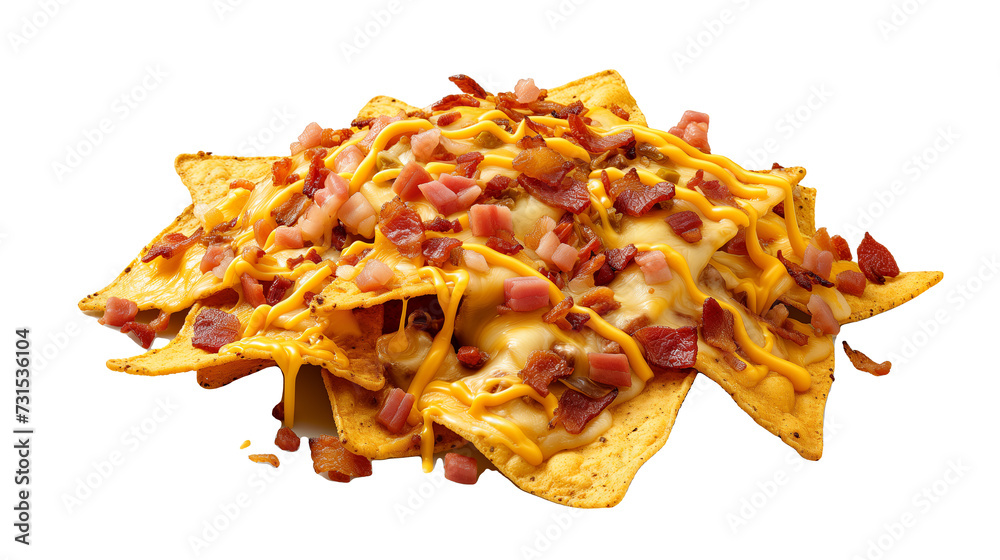 Deluxe Nachos with Shredded Cheddar and Diced Bacon on White Background Deluxe Nachos with Shredded Cheddar and Diced Bacon on White Background