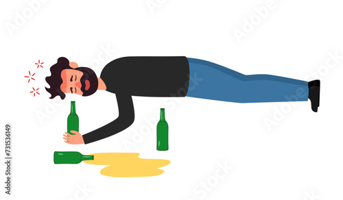 Drunk man lying unconscious on the floor in flat design on white background.