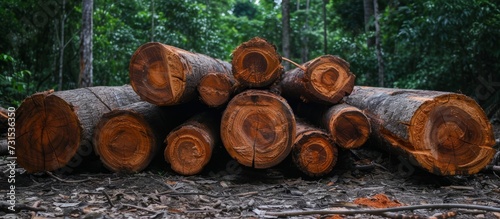 Logs were stacked for processing after trees were cut down for sanitation at the roadside of a mixed forest.