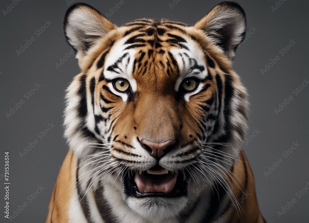 Fototapeta premium Close-up portrait of a tiger. Isolated on gray background.