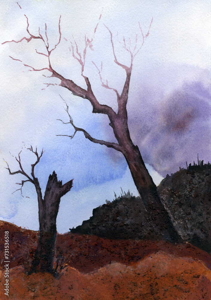 Watercolor drawing of dry trees on the mountain. Fog at sea. Hand drawn Watercolor drawing of dry trees on the mountain. Fog at sea. Hand drawn