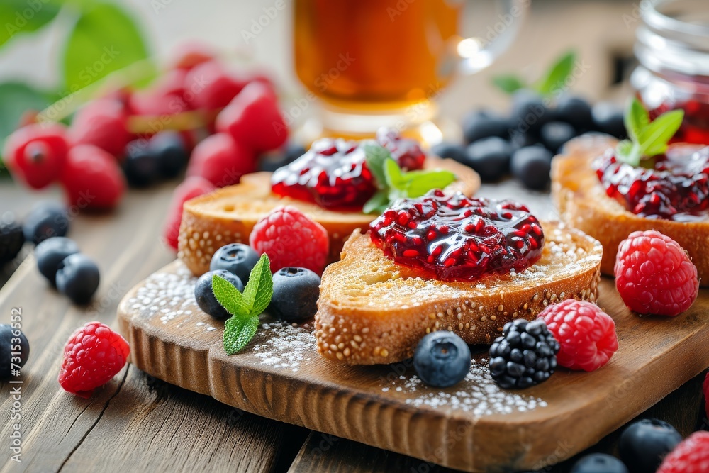 Yummy toasts with jam tea and berries on a wooden table