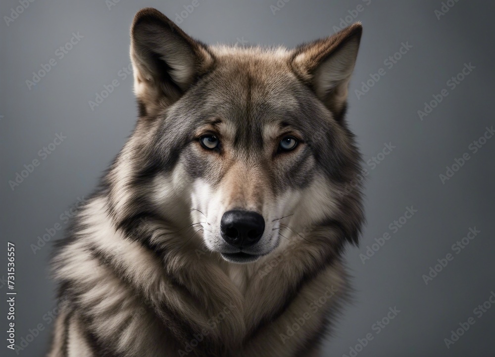 Portrait of a wolf in a studio on a gray background.