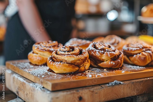 Café serves unique Swedish cinnamon rolls on a wooden board with an aproned person in the background