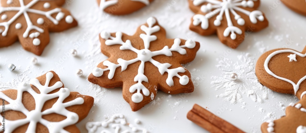 Brown gingerbread cookies decorated with white frosting and cinnamon sticks on a wooden table.