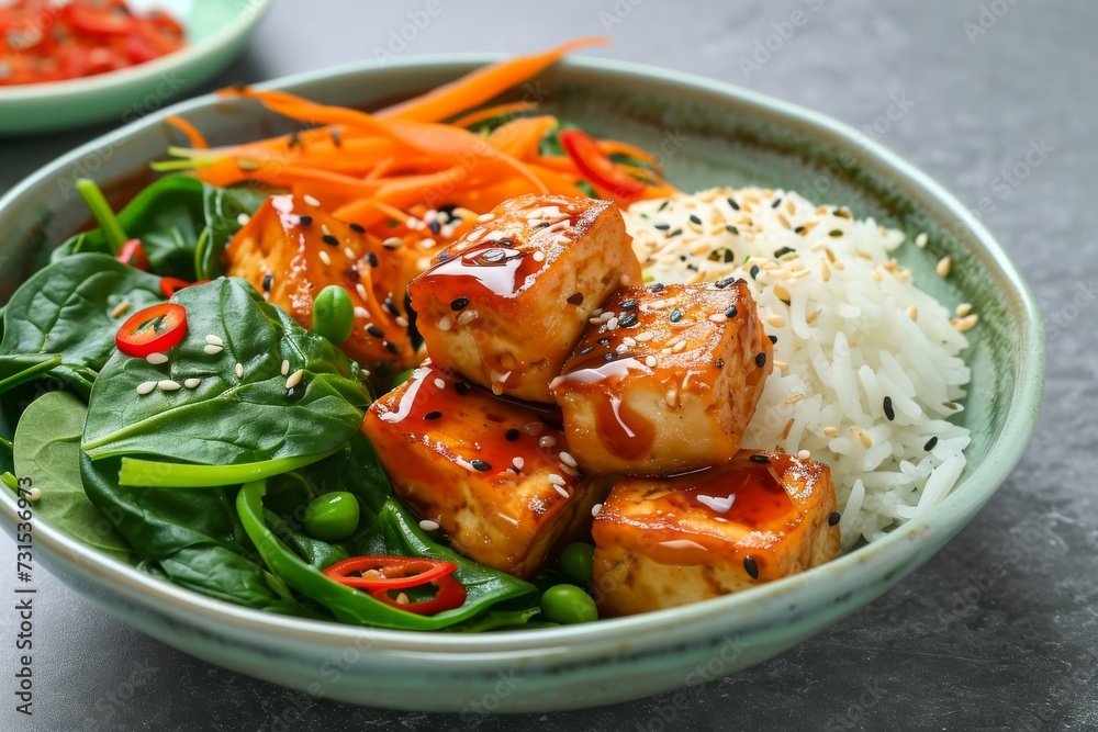 Healthy vegetable dish with fried Asian tofu rice spinach and beansprouts in sweet chilli glaze Healthy vegetable dish with fried Asian tofu rice spinach and beansprouts in sweet chilli glaze