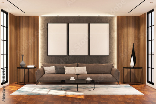 Contemporary modern  living room with frame mock up on the wall. Design 3d rendering of  brown wood veneer images. Design print for illustration  presentation  mock up  interior  background. Set 2