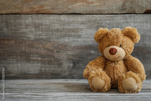Teddy bear toy placed on wooden backdrop