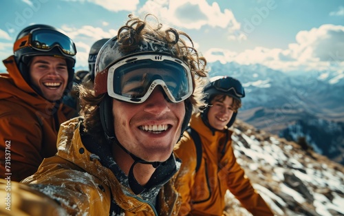 skier man with friends with Ski goggles and Ski helmet on the snow mountain