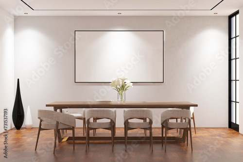 Contemporary modern dining room with frame mock up on the wall. Design 3d rendering of  brown wood veneer images. Design print for illustration  presentation  mock up  interior  background. Set 12