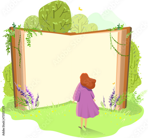Young girl in dress stands in forest in front of an open book with clean empty sheet page
