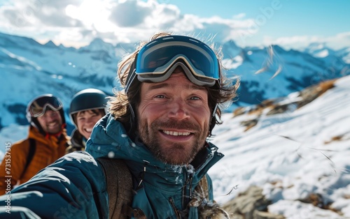 skier man with friends with Ski goggles and Ski helmet on the snow mountain