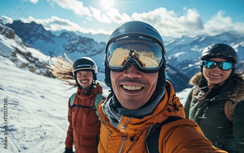 skier man with friends with Ski goggles and Ski helmet on the snow mountain