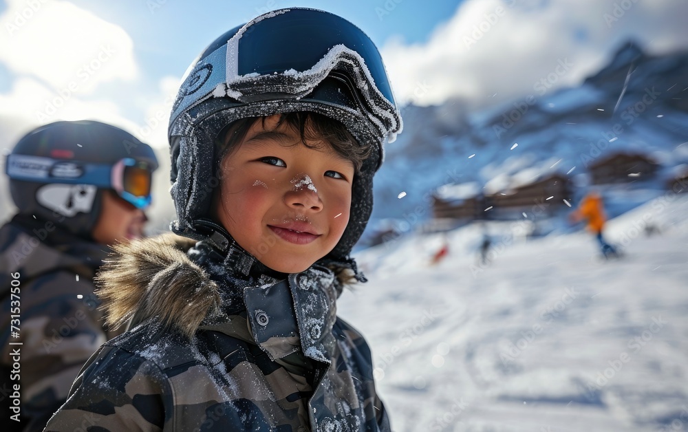 boy skier with friends with Ski goggles and Ski helmet on the snow mountain boy skier with friends with Ski goggles and Ski helmet on the snow mountain