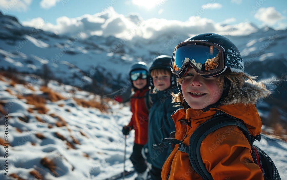 boy skier with friends with Ski goggles and Ski helmet on the snow mountain