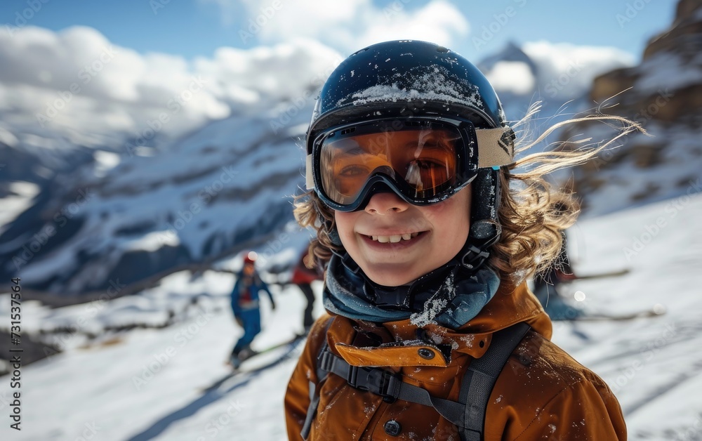 boy skier with friends with Ski goggles and Ski helmet on the snow mountain boy skier with friends with Ski goggles and Ski helmet on the snow mountain