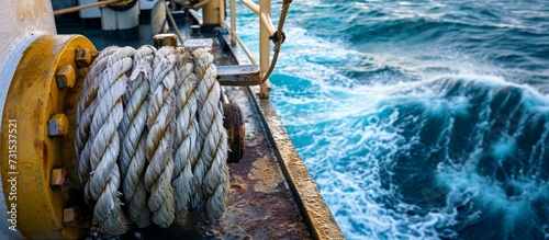 Mooring winch and anchor windlass on cargo vessel in the Mediterranean Sea, with white manila rope on drum, in good weather.