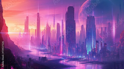 Futuristic cityscape with neon lights and science fiction elements. Fantasy and cyberpunk. © Postproduction