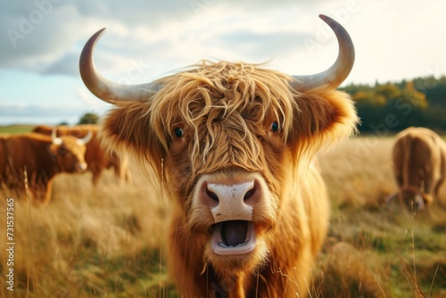 Close up portrait of a Scottish Highland cow with mouth open and tongue out