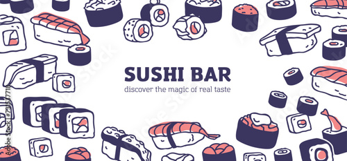 Asian food banner design. Sushi, rolls, Japanese cuisine framed background. Japan Susi bar, Asia meals, dishes, restaurant promotion template, advertising card. Isolated flat vector illustration