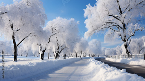 Winter landscape snow covered trees create a tranquil, frozen beauty. Beautiful landscape snowy road in the forest between the trees winter sseason photo