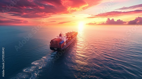 Cargo transportation industry concept., Container ship in the ocean at sunset sky background .