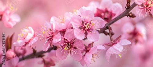 A macro photography capturing the pink petals of a flowering cherry blossom tree branch, showcasing the beauty of nature's event.