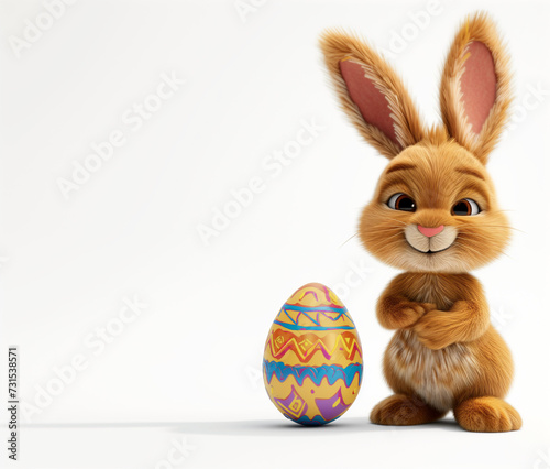 Cute funny Easter bunny with easter egg on a white background. Easter template for cards, marketing or online posts.