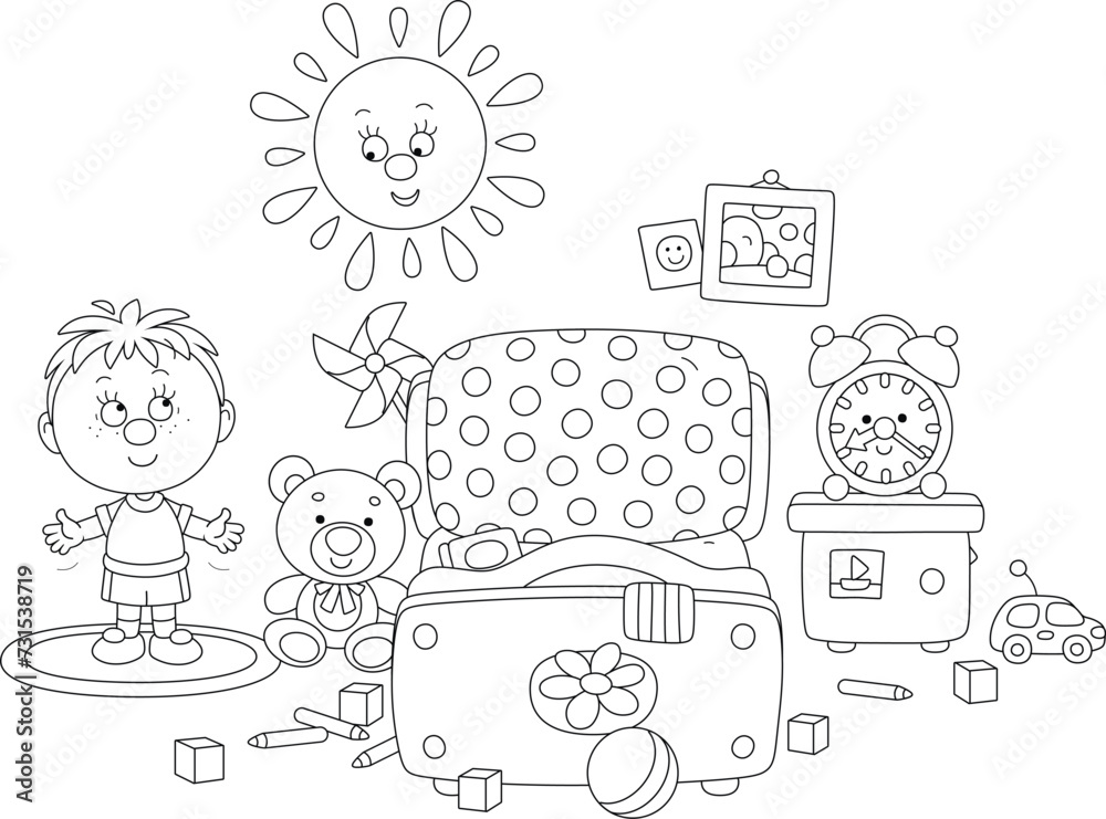 Little boy doing morning exercises on a mat near his pretty small bed among funny toys in a nursery room, black and white vector cartoon illustration for a coloring book