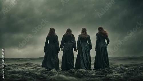 Surrealistic portrayal of Macbeth encountering the three witches amidst a stormy backdrop. photo