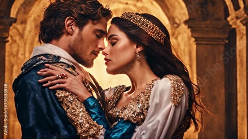 Vibrant illustration of Romeo and Juliet in modern attire, passionately embracing. photo
