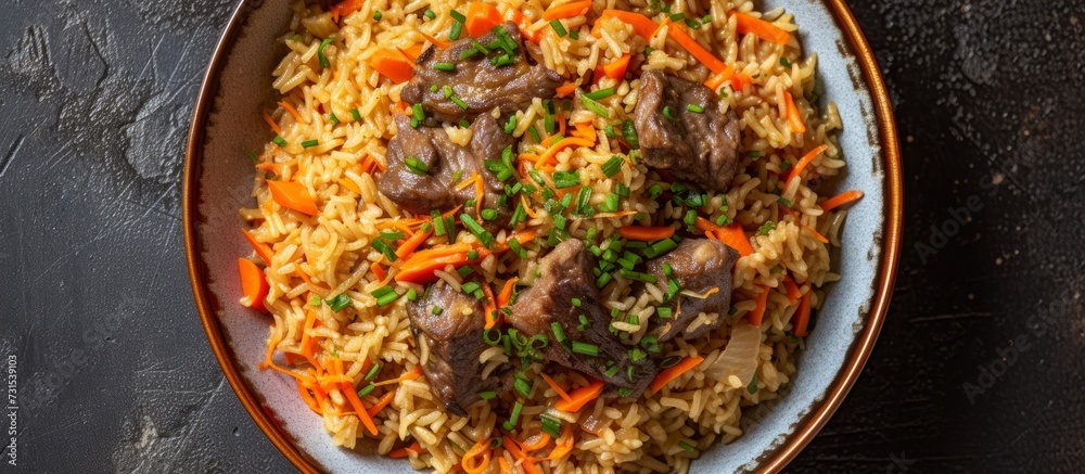 Asian cuisine's traditional pilaf, made with mutton, carrots, onions, garlic, pepper, and cumin.
